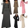 Women Dress U Neck Long Sleeve A Line Slim Fit Skinny Elastic Long Horn Sleeve Back Strap Lace Up Ankle Length Solid Color Maxi Dress