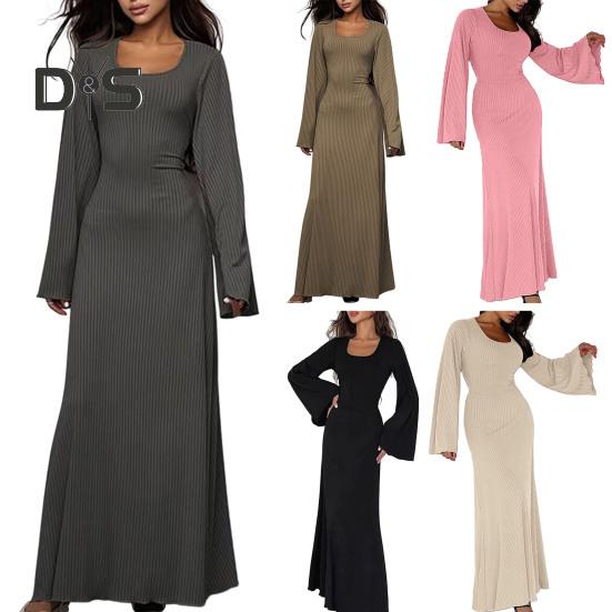 Women Dress U Neck Long Sleeve A Line Slim Fit Skinny Elastic Long Horn Sleeve Back Strap Lace Up Ankle Length Solid Color Maxi Dress