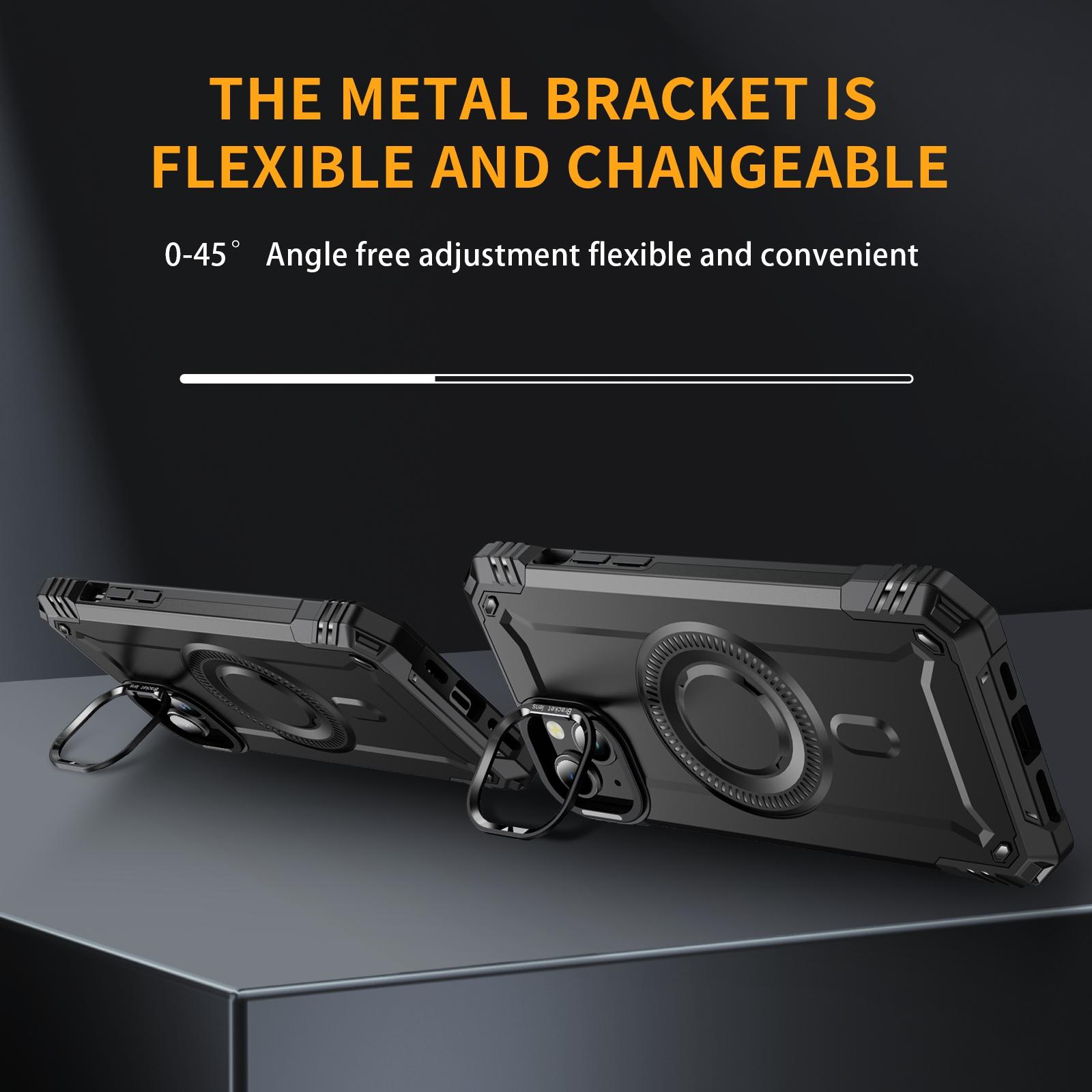 

For iPhone 14 Magnetic Case Lens Kickstand PC+TPU Shockproof Phone Cover Black