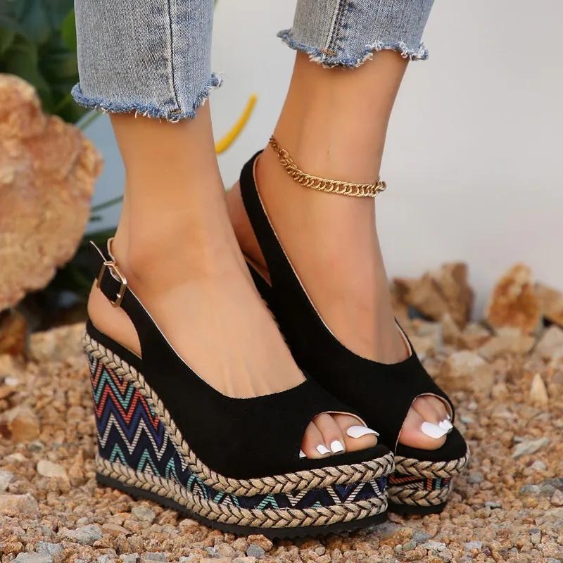 Fashion Shoes for Women 2025 Plus Size Peep Toe Women's Sandals Summer Platform Dress Sandals Women Buckle Strap Wedges Shoes Ladies
