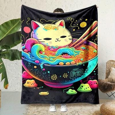Cartoon Cat Eating Ramen Pattern Flannel Printed Blanket Suitable for All Seasons Suitable for Living Room Office Sofa Travel