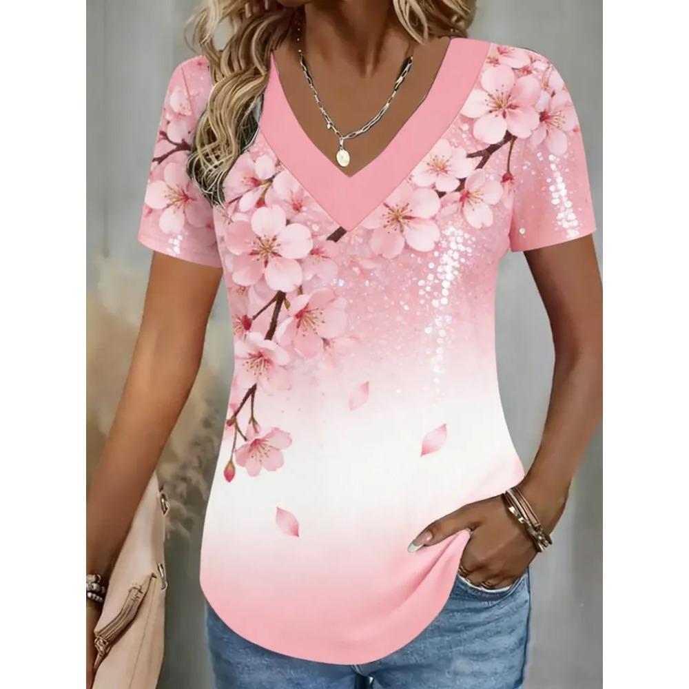Creative Colorful Pattern Summer Soft Fashionable Comfortable Women's T-Shirts Casual Breathable Loose V-Neck Short-Sleeve T-Shirt