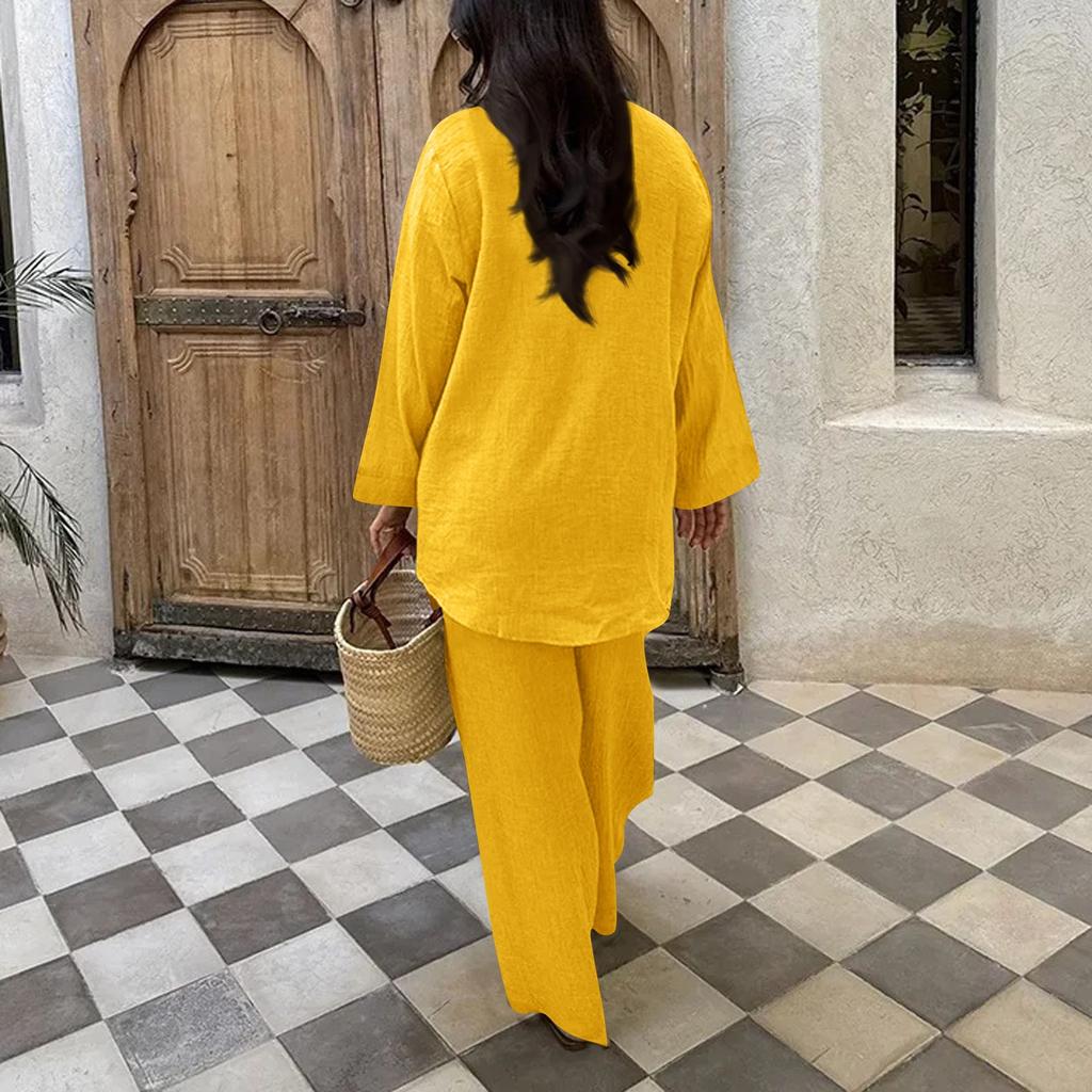 2-teiliges Damen-Outfit-Set, gerüschtes Kurzarm-Oberteil, Hose mit weitem Bein, Trainingsanzug-Sets