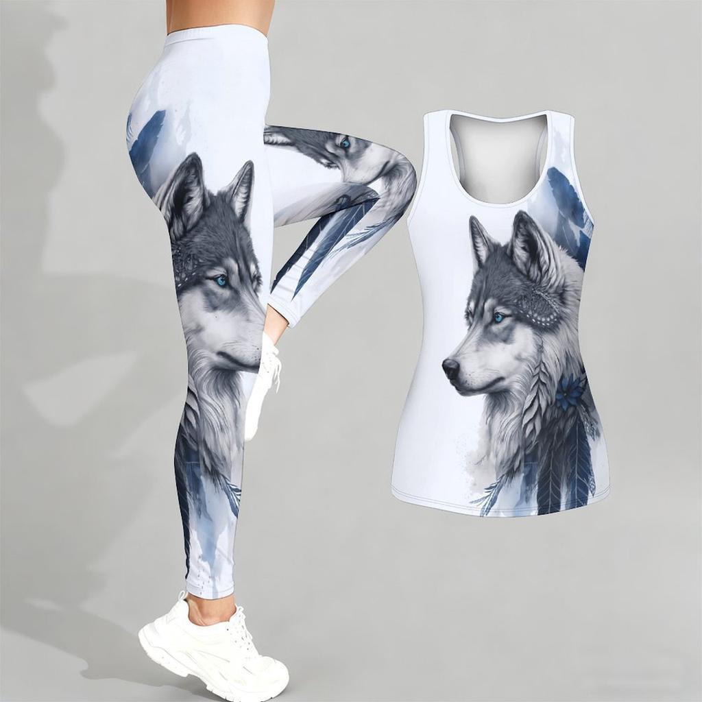 Strong Wolf  Pattern Print Yoga Outfit for Women Fashion Workout Leggings Fitness Sports Casual Yoga Set Sports Suit