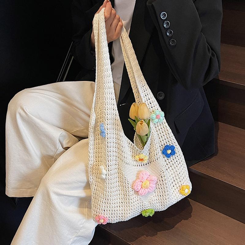 Crochet Mesh Beach Toted Bag,Bohemian Vacation Handbags Aesthetic Knit Shoulder Bag for Women Travel Bag KTB