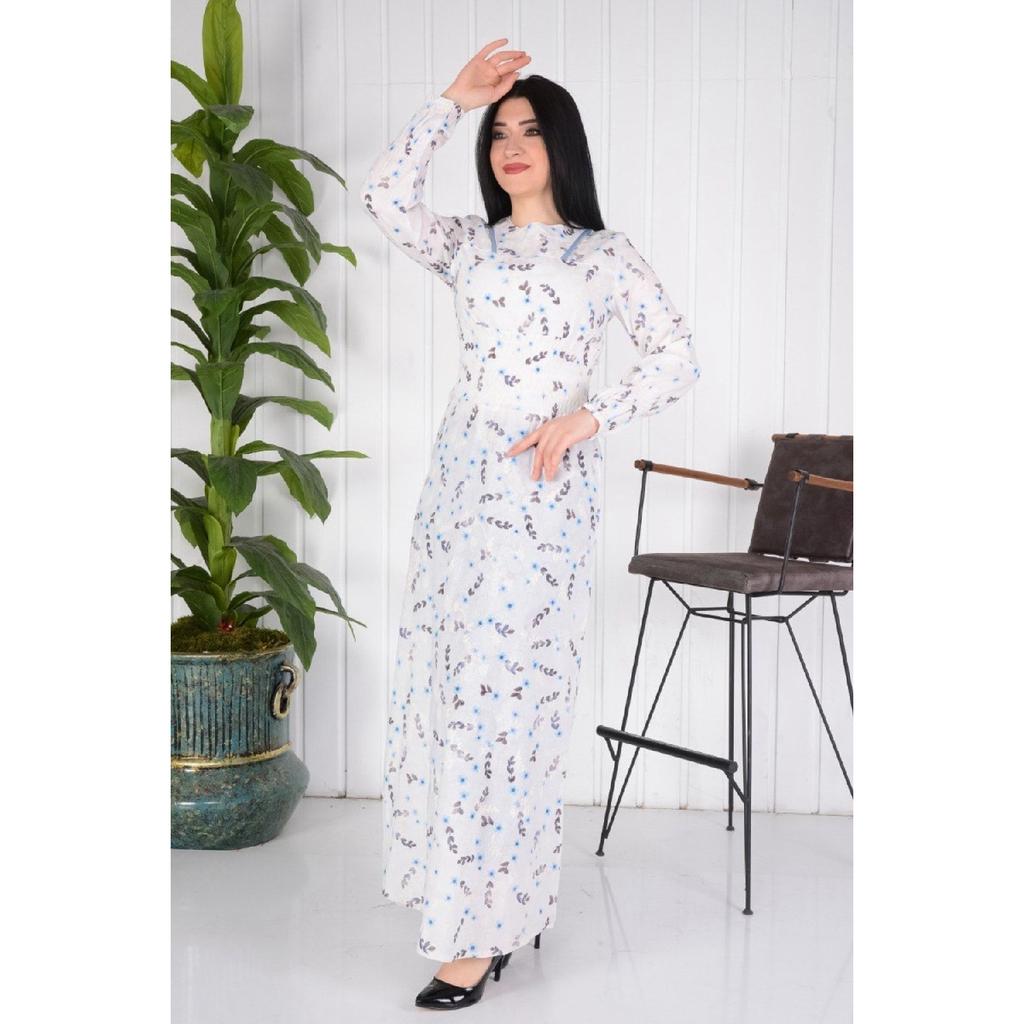 Long Hijab Elastic Waist And Embroidered Dress / Blue Flower Embroidery (brode) Slim Fit Buy A Larger Size