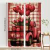 Red White Grid Retro Love Truck Curtains American Romantic Style Bedroom Living Room Drawbar Pocket Decoration Curtain Set Of 2 Made Polyester