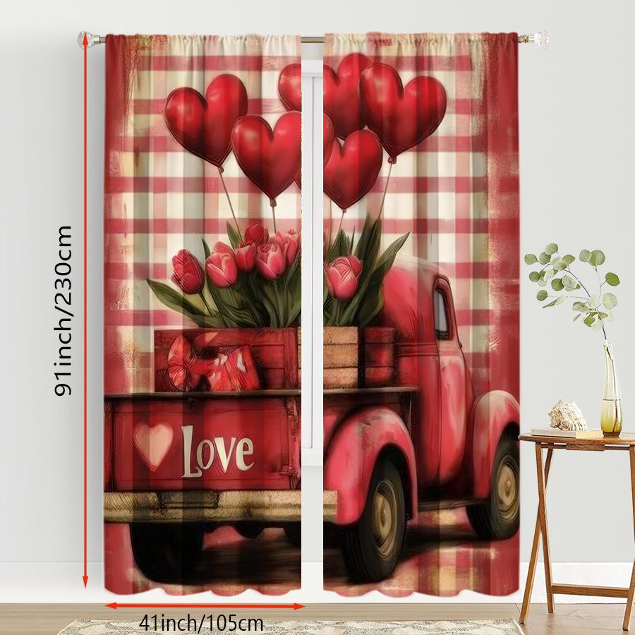 Red White Grid Retro Love Truck Curtains American Romantic Style Bedroom Living Room Drawbar Pocket Decoration Curtain Set Of 2 Made Polyester