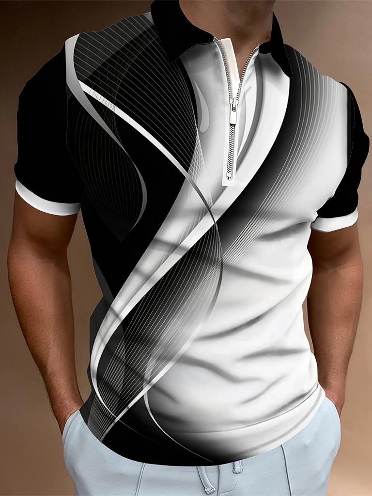 Curve Printed Men's Polo Shirt Business Zipper Polo Clothing Casual Men's Clothing