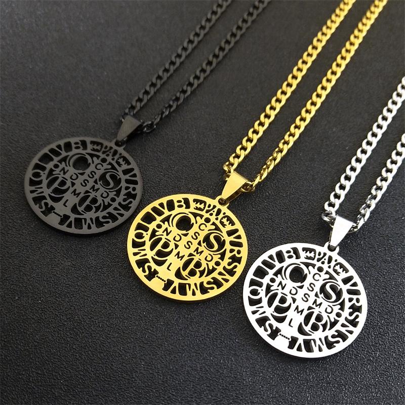 Saint Benedict Cspb Medal Pendant Necklace for Women/Men Stainless Steel Gold Color Jesus Cross Chain Jewelry collar N7437S02