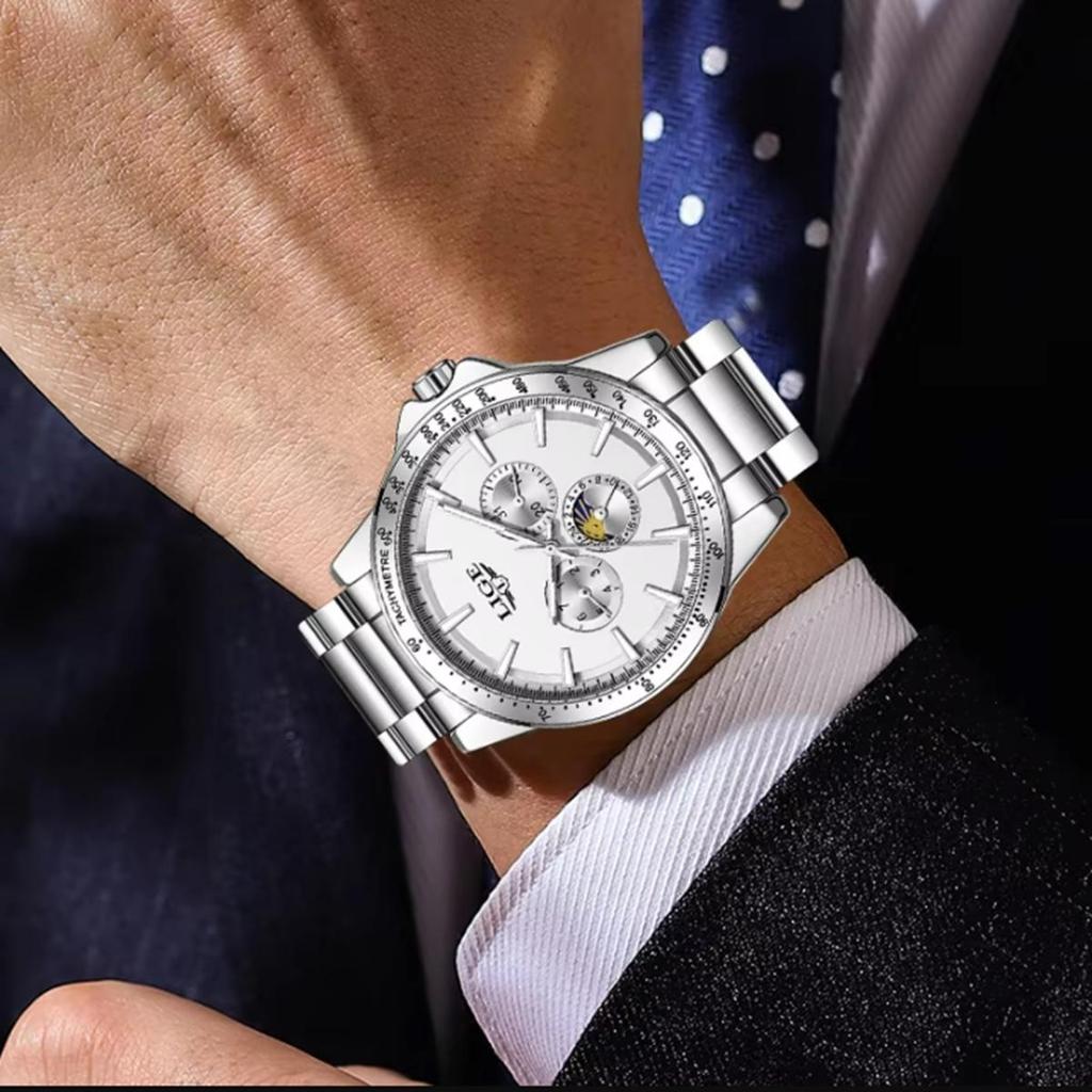 LIGE Unique Dial Quartz Man Watch Stainless Steel Business Luxury Clocks 24-Hour Moon Phase Waterproof Date Week Watches