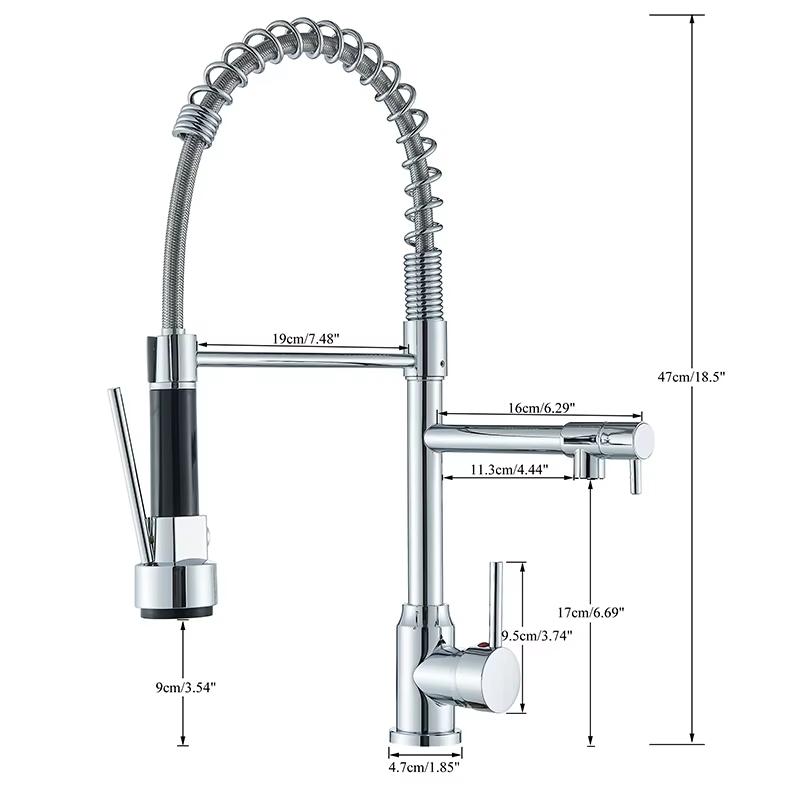 Black/Silver Kitchen Faucet with Pull-Down Sprayer, Deck Mount Hot and Cold Water Mixer Faucet, Dual Spout Faucet, Crane