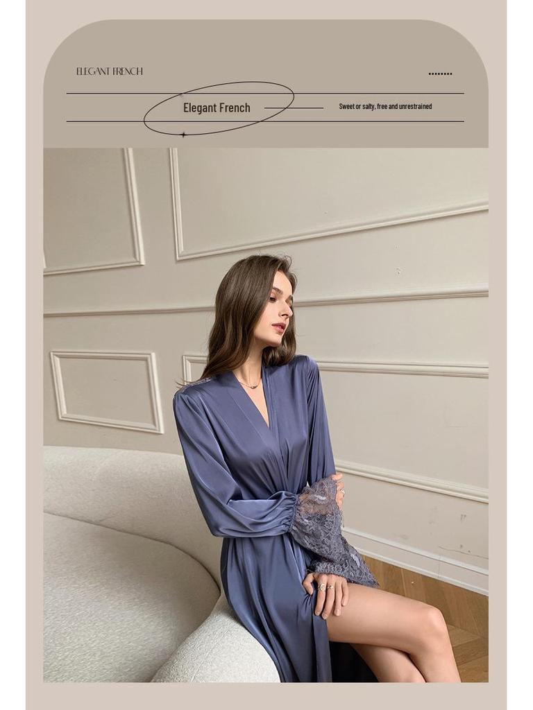 Yaoting Damen Satin Chiffon Nachthemd: Sommer Spitzen-Patchwork, Französisch Elegant, Sexy Rückenfreier Langer Morgenmantel.