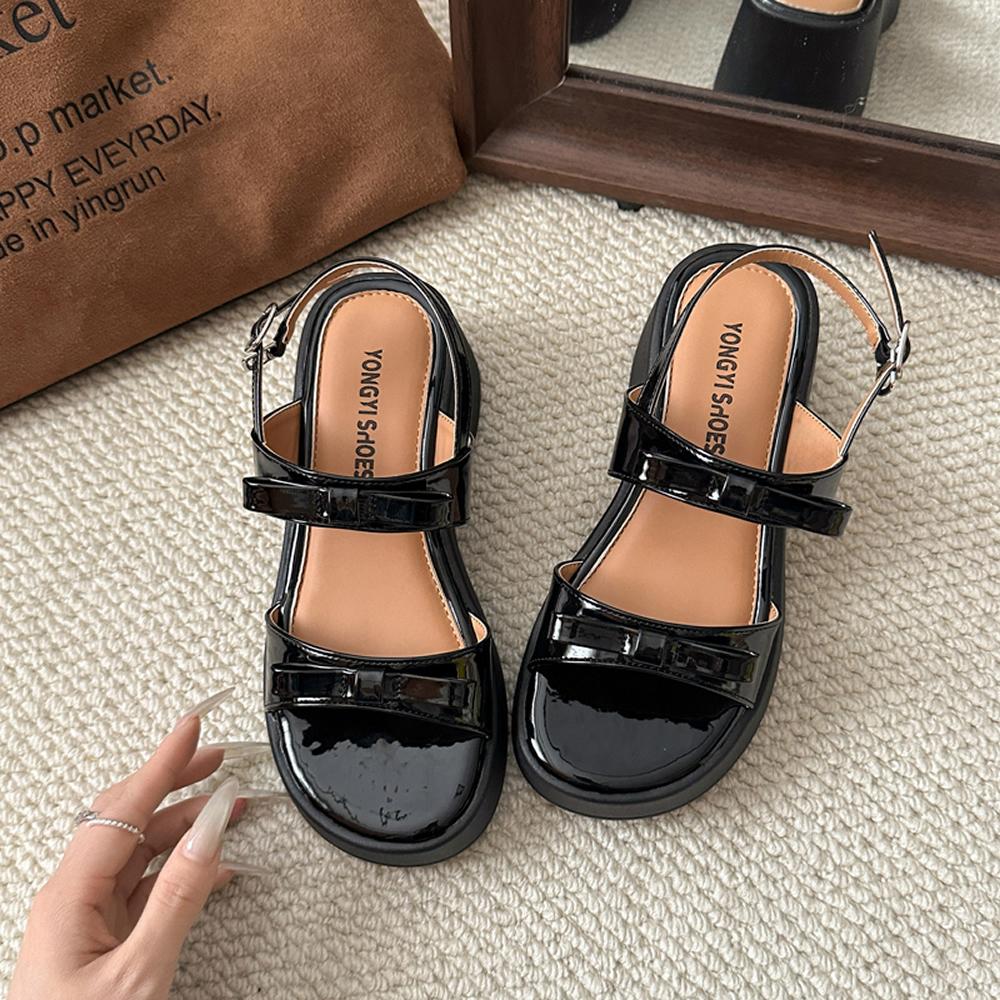 2025 Sandals Bow Shoes Clogs With Heel Open Toe Increasing Height New Retro Thick Summer Girls Peep Gladiator Scandals Rome