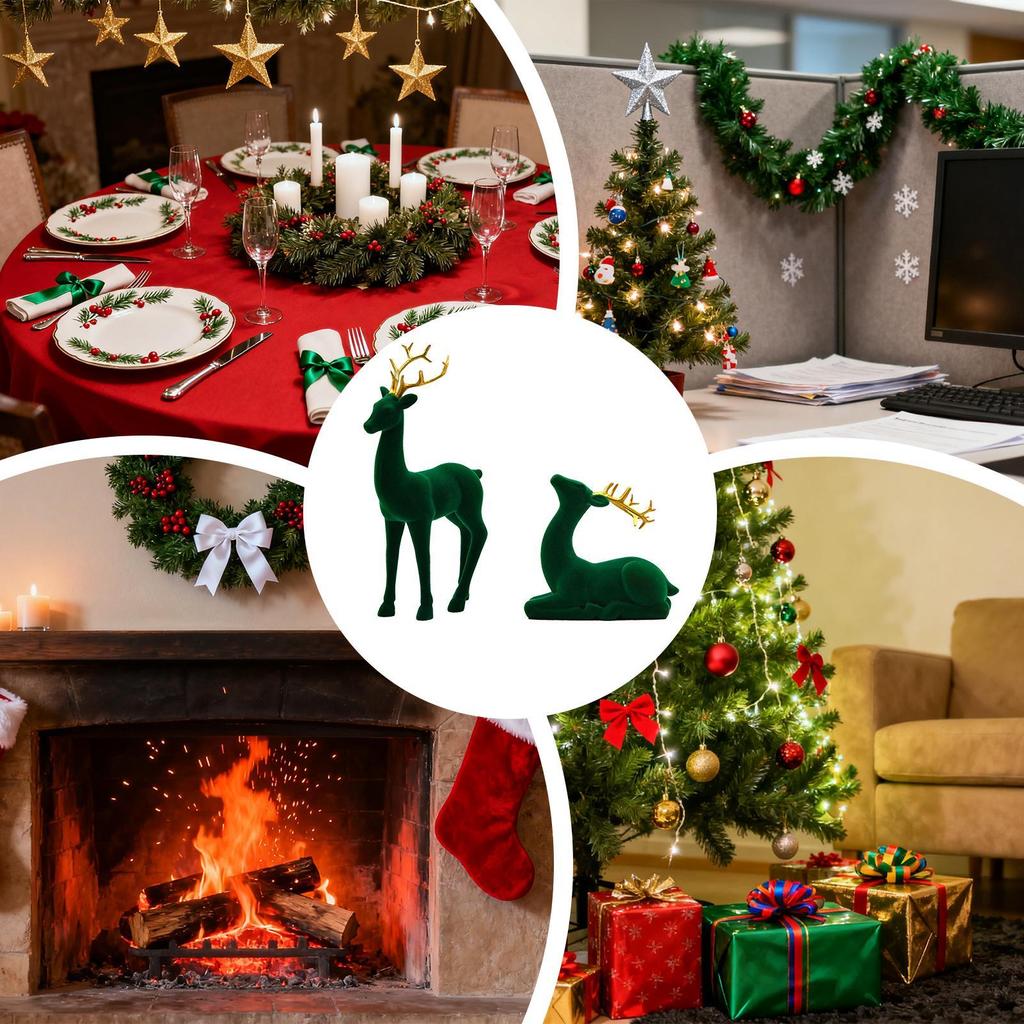 Christmas Reindeer Flocking Christmas Animals 2 Pieces Standing Sitting Sculpture Red Green Aesthetic Elk for Party Bedside