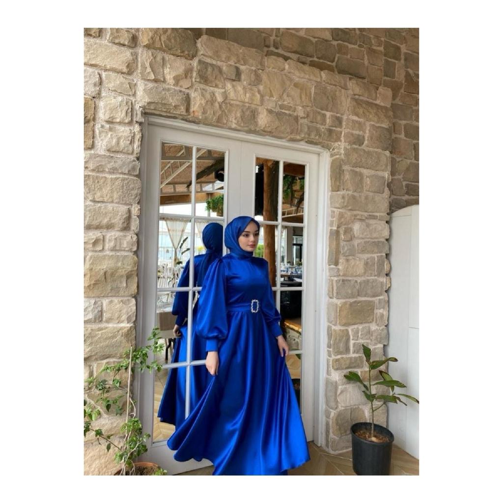 Women's Black Satin Belted Bellae Dress