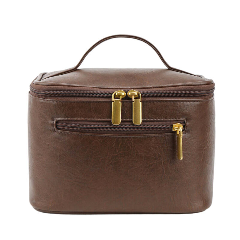 New Leather Portable Makeup Case Zipper Pulls Extra Pocket Handle Multiple Compartments Travel Skincare Toiletries Storage Bag