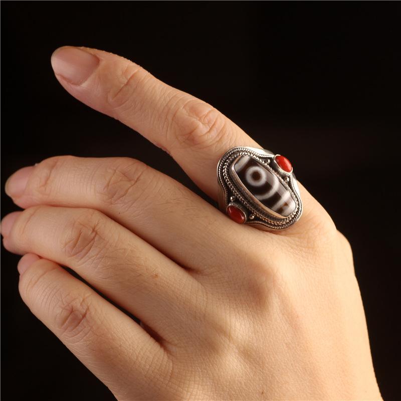 טבעת 1.18" אסוף סין משובץ כסף סטרלינג טהור מעולה חרוזי אלמוג אדום טיאנז'ו דזי