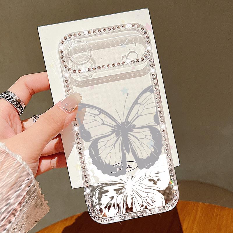 Luxury Bling Diamond TPU Phone Case For iPhone 17 Air 16e 16 14 15 13 17 Pro Max 15 16 Plus 17 Simple Butterfly Print ShockProof Case Cover