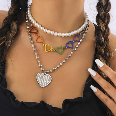 Accessories, Set Imitation Pearl Chain Necklace, Punk Color Heart-shaped Hollow Letter Pendant Necklace