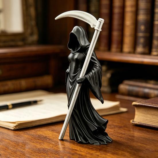 Estátua Gótica da Ceifeira com Foice Impressa em 3D Túnica Preta Figura de Rainha Escultura Misteriosa para Decoração de Mesa de Escritório em Casa Estante
