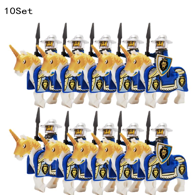 10 Sets Medieval Castle Knight Royal King's Red Dragon Black Warrior Soldier Rider with Horse Building Blocks Toys for Children