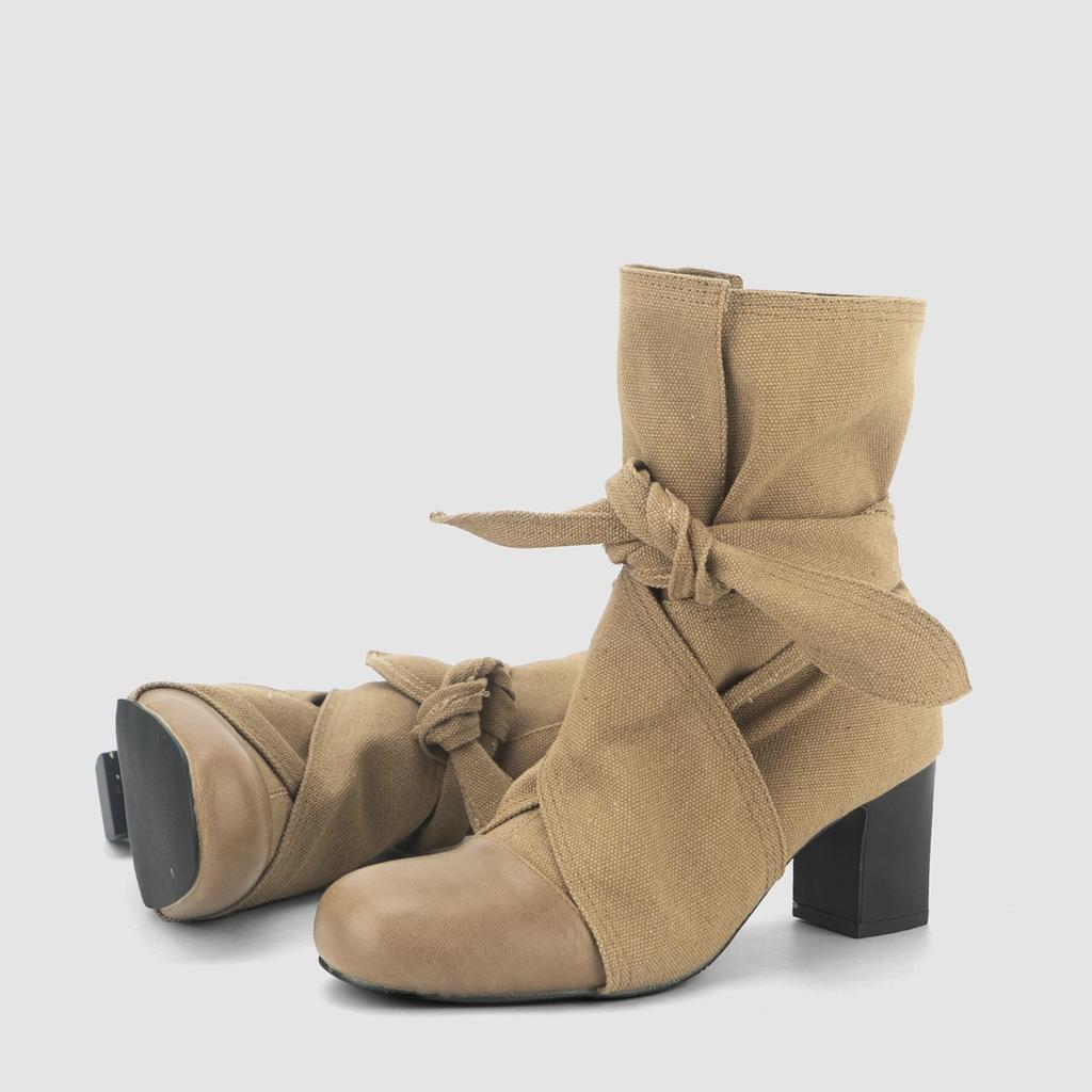2025 New Canvas Butterfly-Knot Square Heels Boots Women Round Toe Slip-On Modern Boots Women High Heels Western Ankle Boot