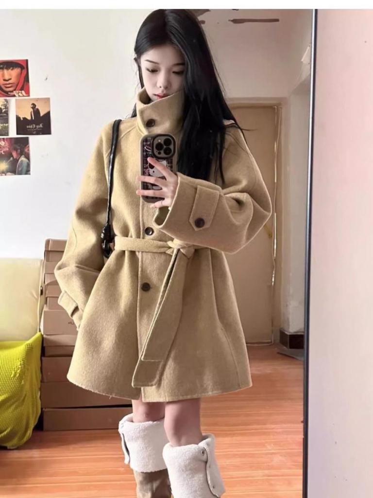 Women's Khaki Wool Coat - Autumn/Winter 2025, High-End Korean Style, Petite & Plus Size.