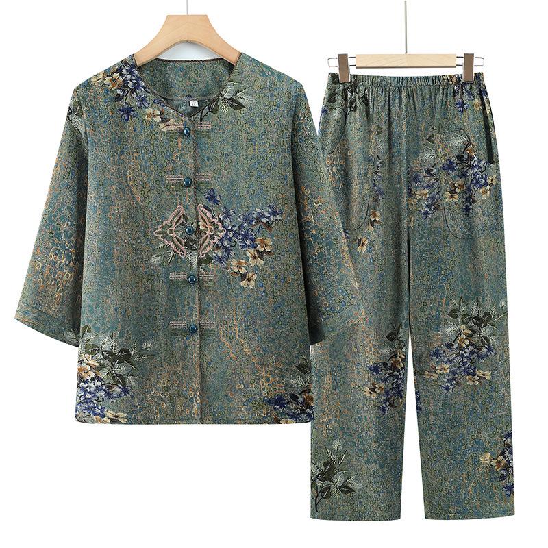

Mother s Day Summer Mid-Sleeve Set for Grandma – Casual Two-Piece Outfit for Middle-Aged and Elderly Women 2XL (100-115 lbs) зелений