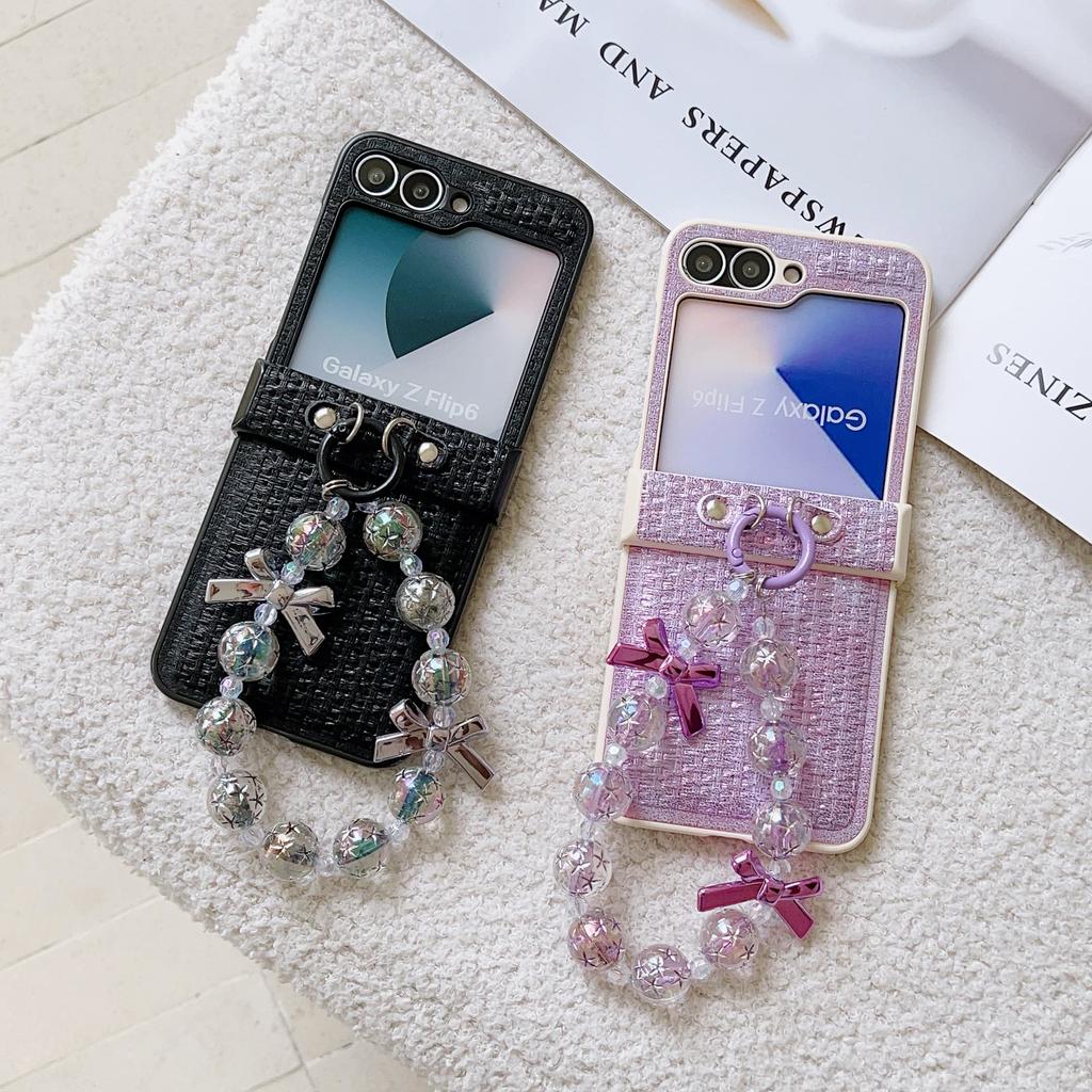 Glitter Pearl Bowknot PU Leather Wrist Strap Phone Case for Samsung Galaxy Z Flip 6 5 4 3 Hinge Protection Shockproof Cover