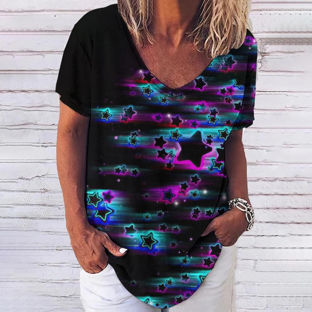 T-shirt da donna estiva scollo a V maniche corte 3D pentagramma stampato abbigliamento casual allentato pullover hip-hop streetwear