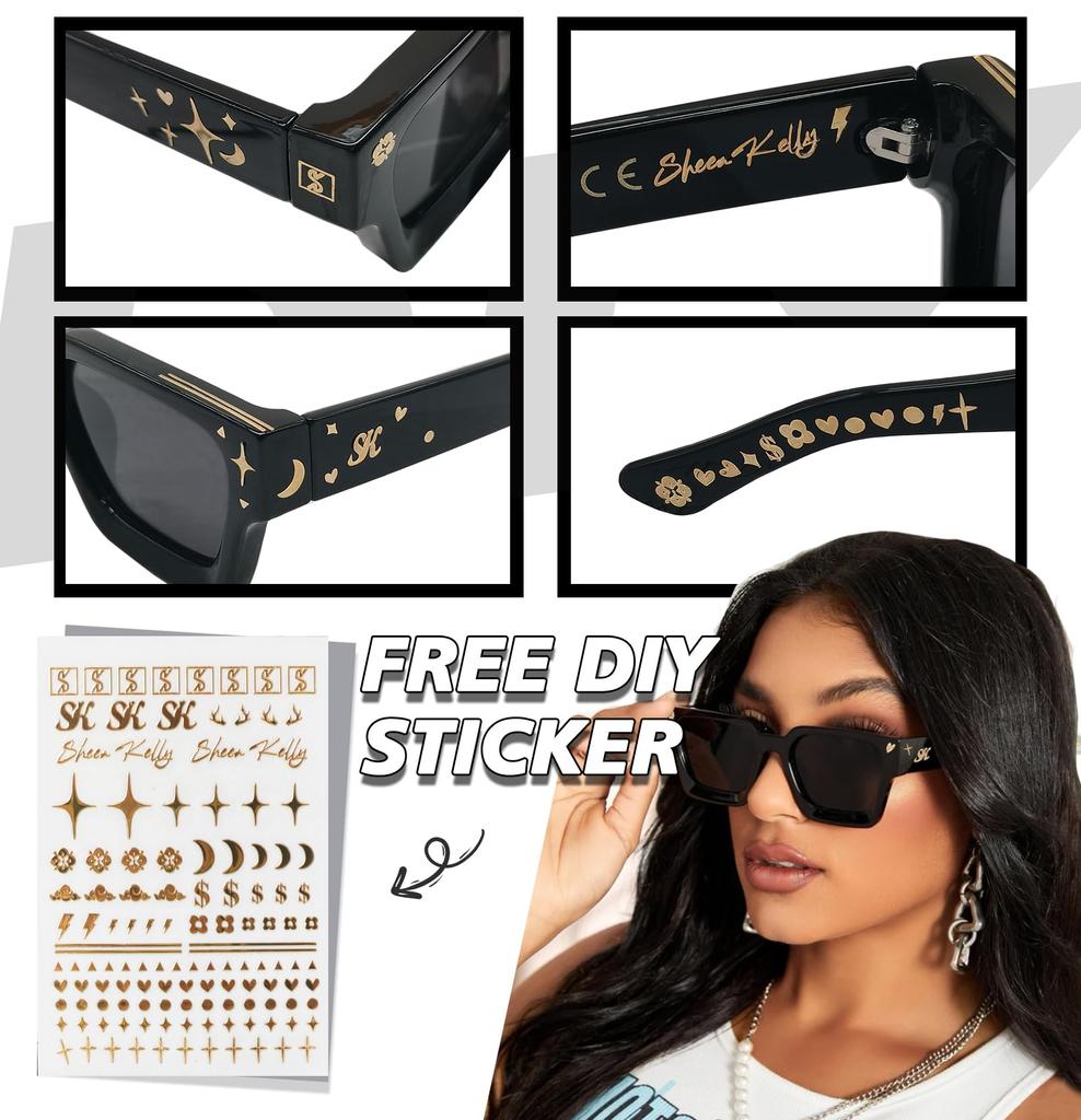 Retro Dicke Rechteckige Sonnenbrille für Männer und Schmale Quadratische Black Tie 90er Jahre Stil [SHEEN KELLY] Frauen, Fassung,