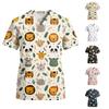Damen V-Ausschnitt Kurzarm Arbeits-Top mit Taschen Cartoon-Print Medizinischer Kasack Bequeme Passform Strapazierfähiger Stoff