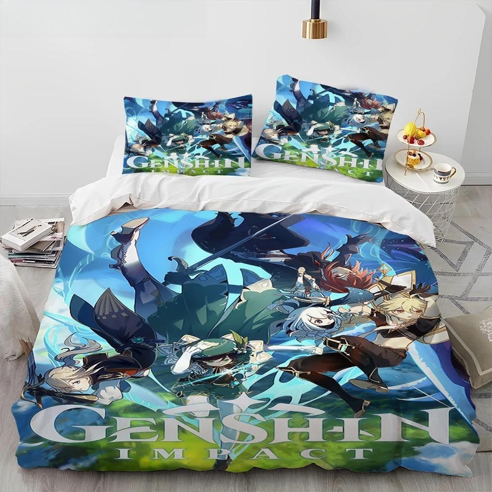 Genshin Impact Game Gamer Cartoon Comforter Bedding Set,Duvet Cover Bed Set Quilt Cover Pillowcase,king Queen Size Bedding Set