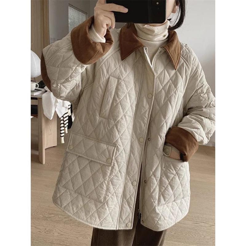 

Женская стеганая хлопковая куртка большого размера в корейском стиле - Осень/Зима, ромбовидный узор, средней длины, легкая, свободного кроя 4XL (suggested for 90-100kg) бежевый