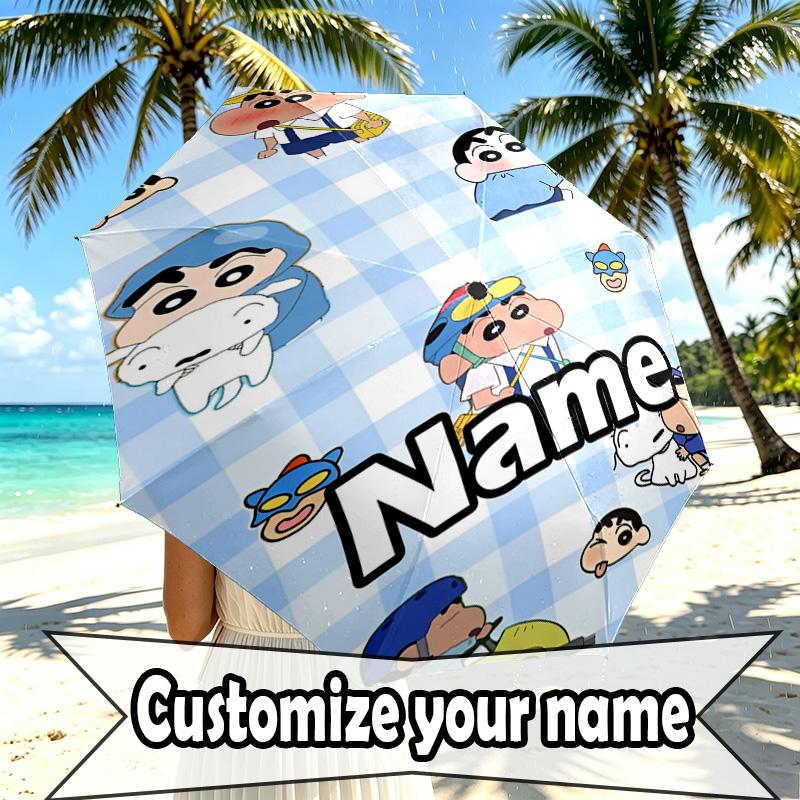 Custom Name Personalized Crayon Shin Print Umbrella, Auto Open Close, 8‑Rib Sturdy Frame, Commute Camping Hiking Use, Birthday Gift