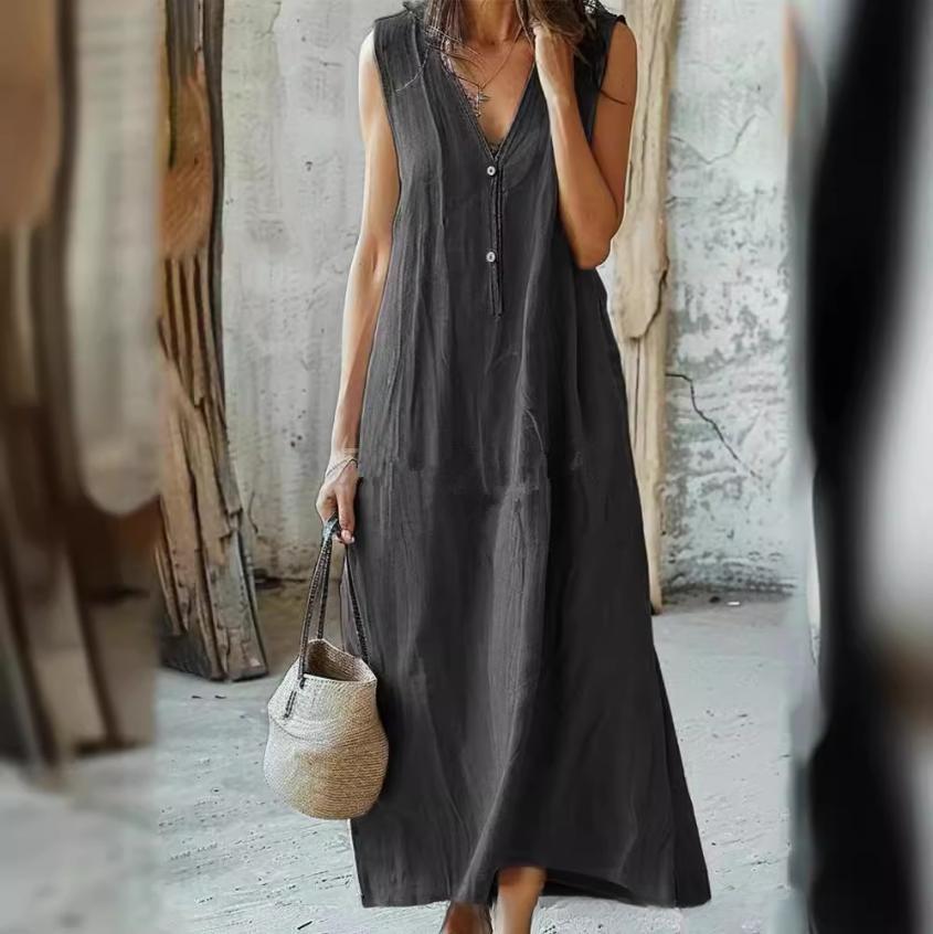 

Жіноча максі-сукня без рукавів з V-подібним вирізом та ґудзиками жовтого, синього, чорного кольору – Богемна повсякденна довга сукня 3XL чорний