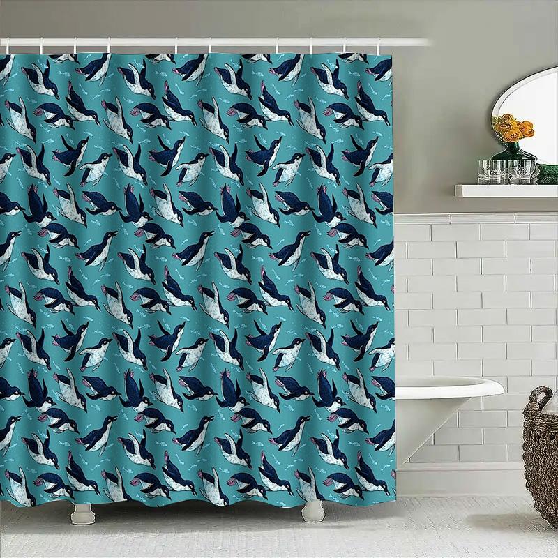Rideau de douche manchot unique Oiseaux de l'océan bleu Ensemble de décoration de salle de bain Tissu imperméable Lavable Textile d'intérieur moderne