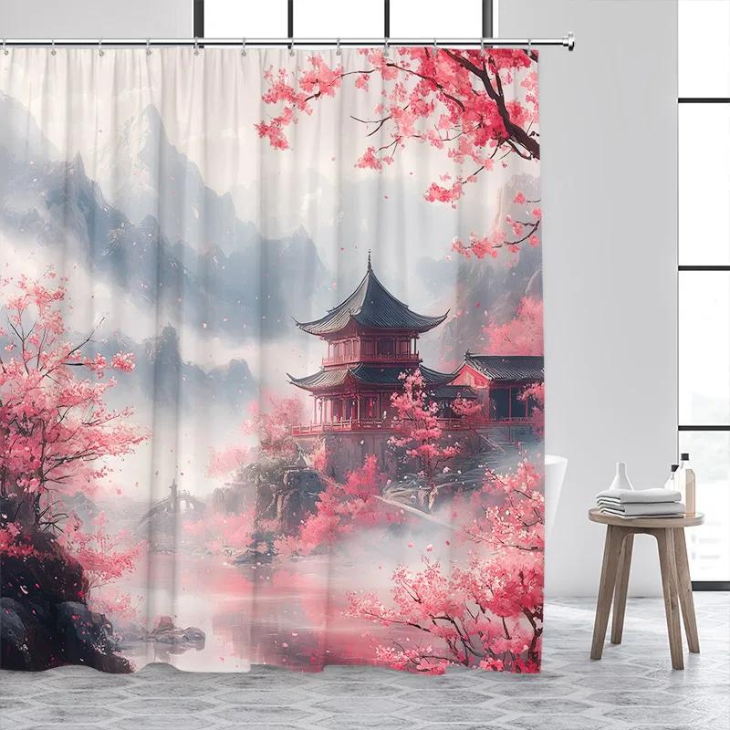 Japanese Style Shower Curtain Pink Cherry Blossom Floral White Crane Mountain Koi Carp Ink Scenery Modern Bathroom Curtain Decor