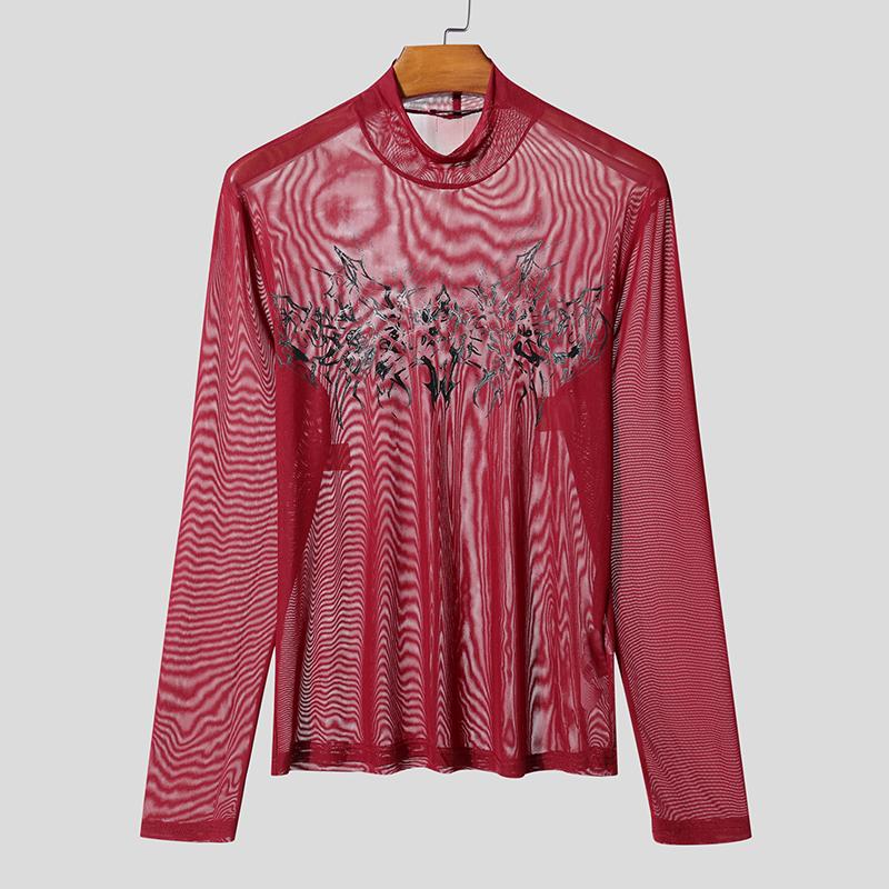 INCERUN Men Turtleneck Long Sleeve Mesh Sheer Transparent Fitted Party Clubwear T-shirts