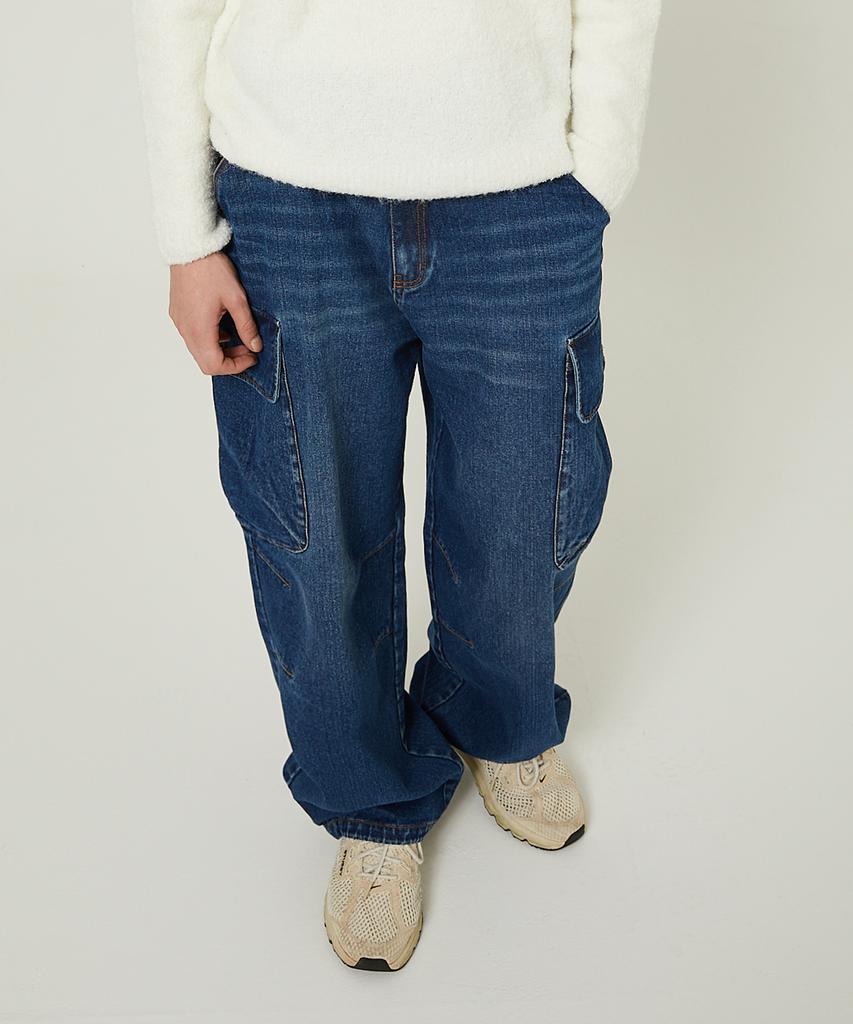WAIKEI Parachute Cargo Washed Denim Pants Medium Blue