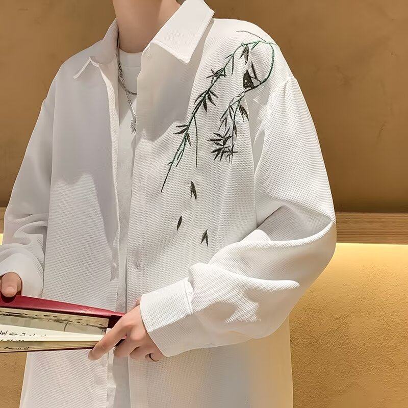 White shirt men's long sleeved spring and autumn new Chinese retro style