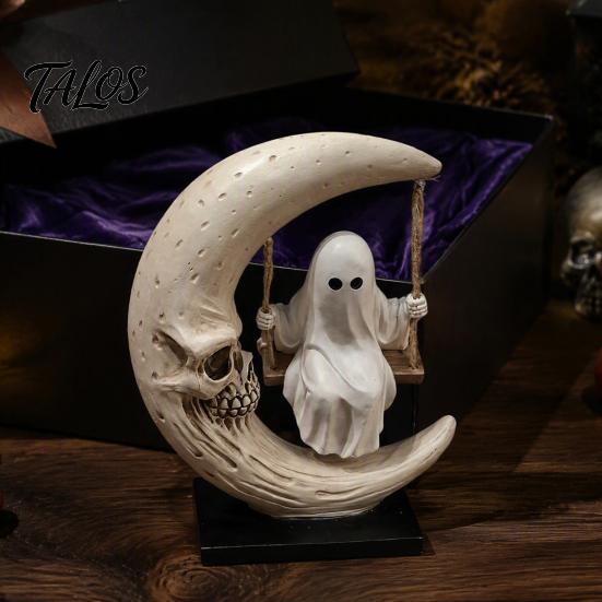 Gothic Room Accessories Halloween Ghost Swing Figurine, Spooky on A Moon Statue, Window Display Decor Resin Home Decoration for Desktop, Mantel,