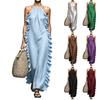 Women Sleeveless Ruffle Backless Tie Waist Maxi Dress Holiday Round Neck Loose Fit Casual Summer Beach Sundress