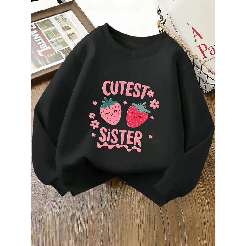 Girls' Crewneck Sweatshirt - Cute Strawberry Faces And Flowers Machine Washable, Spring And Autumn