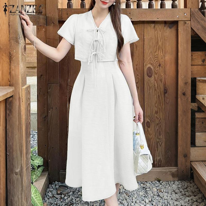ZANZEA Women Casual V-Neck Summer Short Sleeve Dress