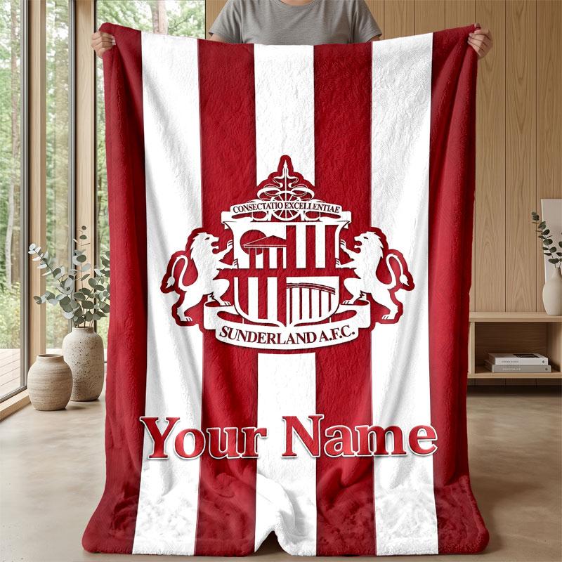 Sunderland FC Custom Name Text Flannel Blanket Soccer Logo Personalized Fleece Throw Blanket Special Gift For Sofa Bedroom Home