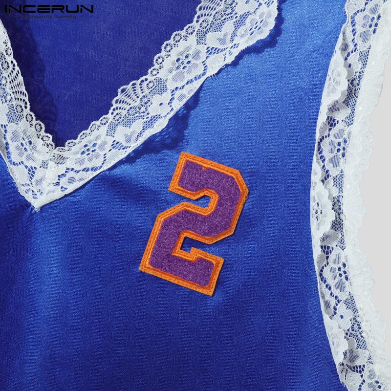 INCERUN Men V Neck Sleeveless Lace Hem Letter Casual Tank Tops Undershirts