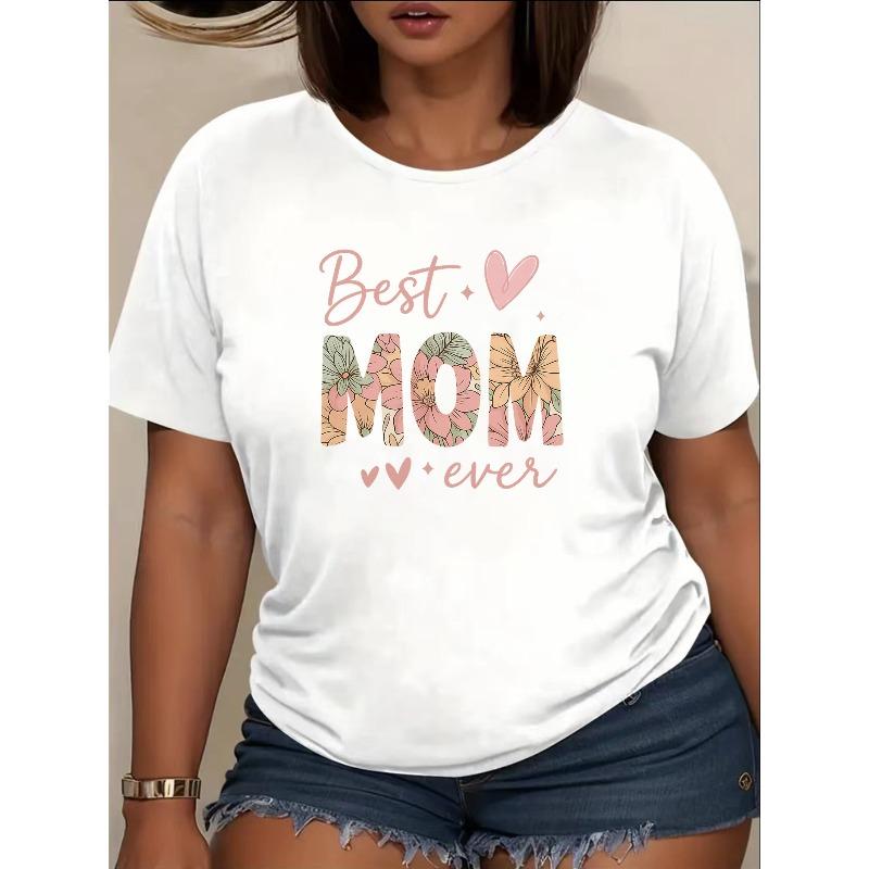 Women Best Mom Print T-Shirt New Round Neck Short Sleeve Soft Breathable Casual Elastic Machine-Washable Top