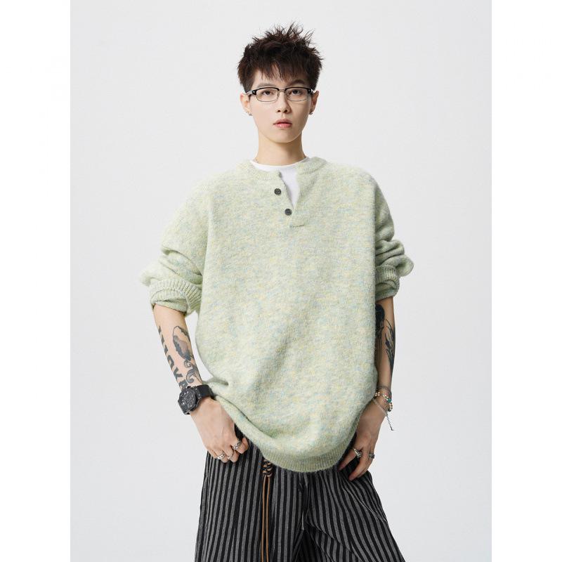 Autumn Men s Henley Neck Knit Sweater: Trendy, Loose, Fuzzy Top L зелёный